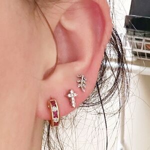 10k Solid Gold Ruby & Diamond J Style Huggie Earrings